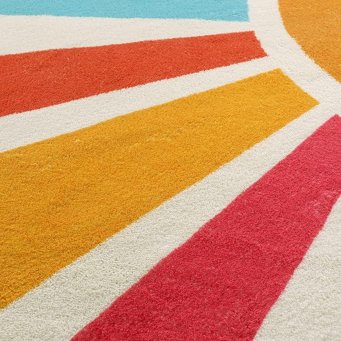 STARUIA Round Boho Rug 6 Ft Washable Round Area Rug for Playroom, Sunshine Circle Rug for Kids Room, Non-Slip Circluar Rainbow Carpet Soft Large Kids Rug for Classroom Dorm Bedroom