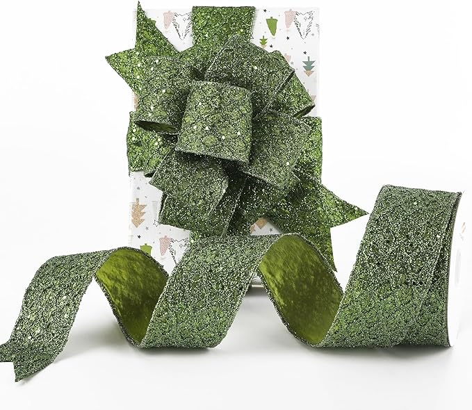 HUIHUANG Moss Green Wired Ribbon for Christmas Tree 2.5 inch Glitter Moss Diamond Mesh Ribbon for Tree Decoration, Wreaths, Garland, Gift Wrapping, Bows Making, Thanksgiving Decor -10 Yards