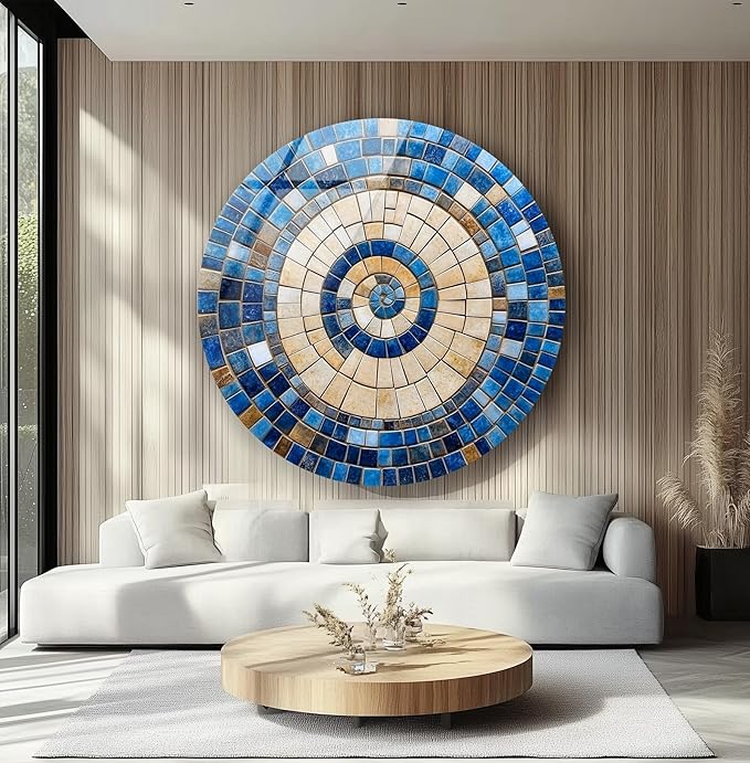 My Photostation.com 31.5''(80cm) Diameter Coastal Sunburst Beige & Blue Round Glass Wall Art Tempered Glass Printing Wall Decor Large Wall Art Wall Hangings