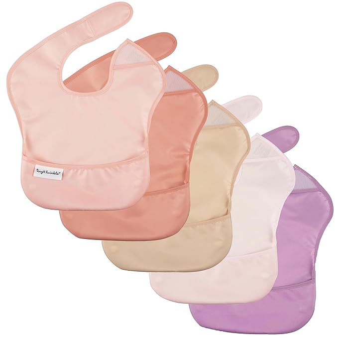 Tiny Twinkle Mess Proof Baby Bibs for Eating - Waterproof, Wipeable Bibs - Toddler Bibs - Travel Friendly - PFAS, PVC, BPA, Phthalate Free - Baby Food Bibs(5 Pack, Girl Spring)