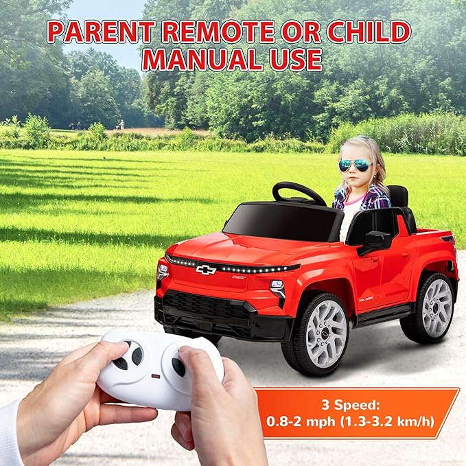 Qaba 12V Kids Ride on Truck, Chevrolet Silverado EV RST Licensed Electric Car with Parent Remote Control, Back Storage, Spring Suspension, Soft Start, Auxiliary Wheels, LED Lights, Music, MP3, Red