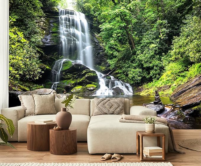 Waterfall Wallpaper Natural Landscape Lake Green Forest Wall Mural for Living Room Bedroom Dining Room Basement(Not Self-Adhesive)