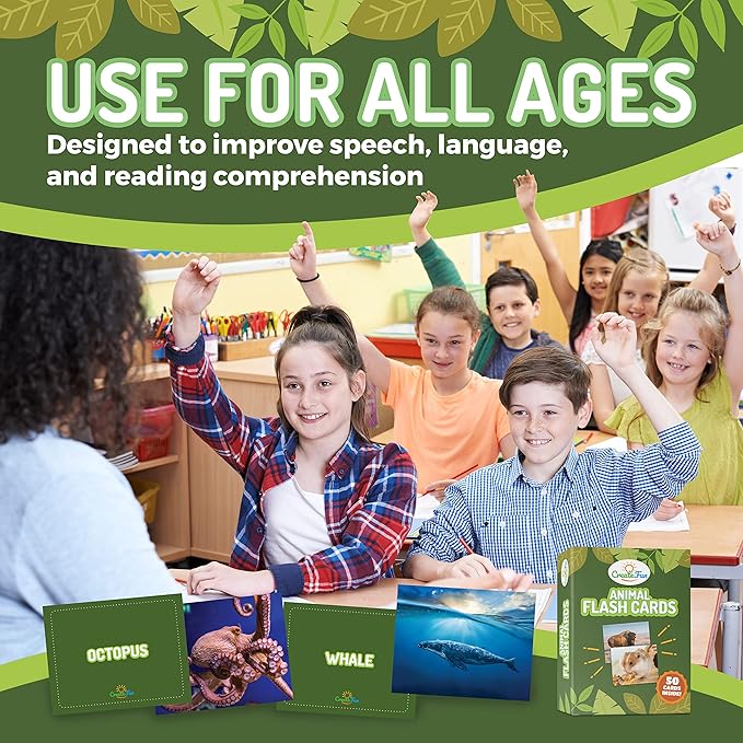 50 Animal Flash Cards - Realistic Photo Cards - Fun Vocabulary Builder for Autisim, Speech Therapy, ESL, Occupational Therapy - Montessori Educational Games for Preschool Kids Learning Activity