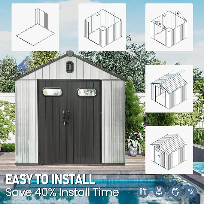 Domi 8x6 FT Outdoor Resin Storage Shed, All-Weather Double-Wall Storage Building for Backyard, Garden, Lawn Tools, Mower, Bike & Pool Equipment, Lockable Doors, Ventilated Roof, Grey