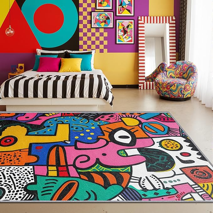 Abstract Rug 5x7-5x6 Rug - Abstract Rug - Colorful Pop Art Area Rug - Modern Geometric Graffiti Rugs - Multicolor Artistic Carpet - Home Decor