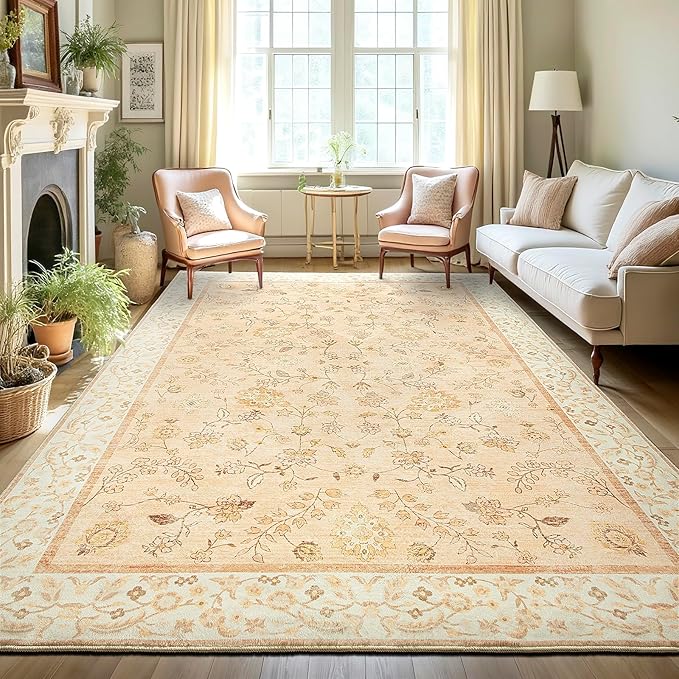 LOCHAS Washable Area Rugs 8x10, Peach Floral Rug for Living Room Bedroom Non Slip, Ultra Soft Vintage Indoor Carpet for Kids, Nursery, Dorm, Dining Room, Classroom, Boho Flower Home Decor, Low-Pile
