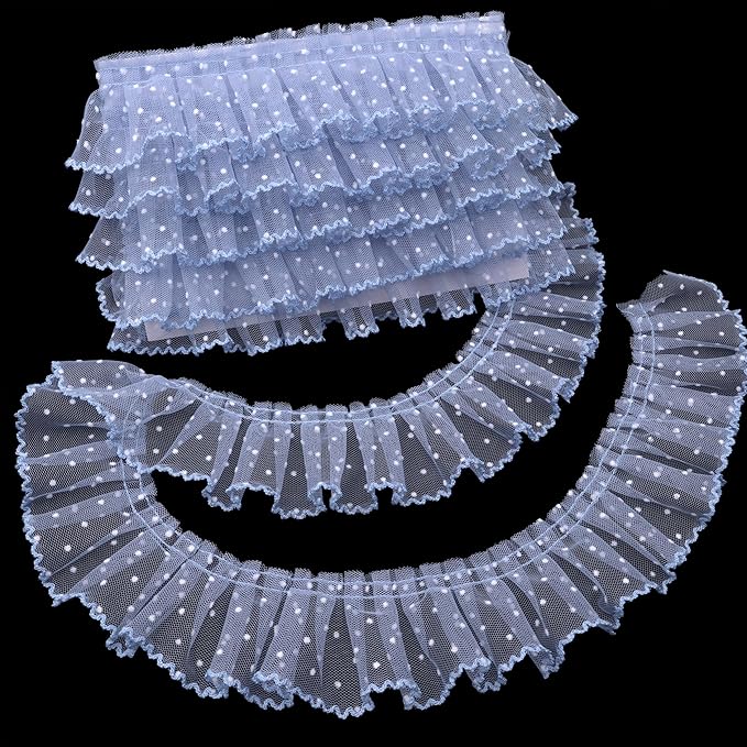 Dots Lace Ruffle Trim for Sew, Crafts 2.4" x5yd Single Layer Pleated Edge Lace Ribbon (Blue)
