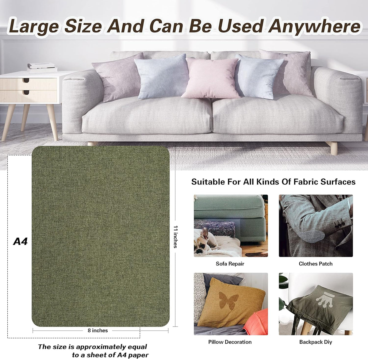 KING MOUNTAIN Fine Linen Repair Patches, Self-Adhesive Linen Fabric Patches, 8X11 inch Extra Size, Multi Color, Can be Used for Linen Sofa Repair and Linen Clothes Repair(Grass Green,8" x 11")