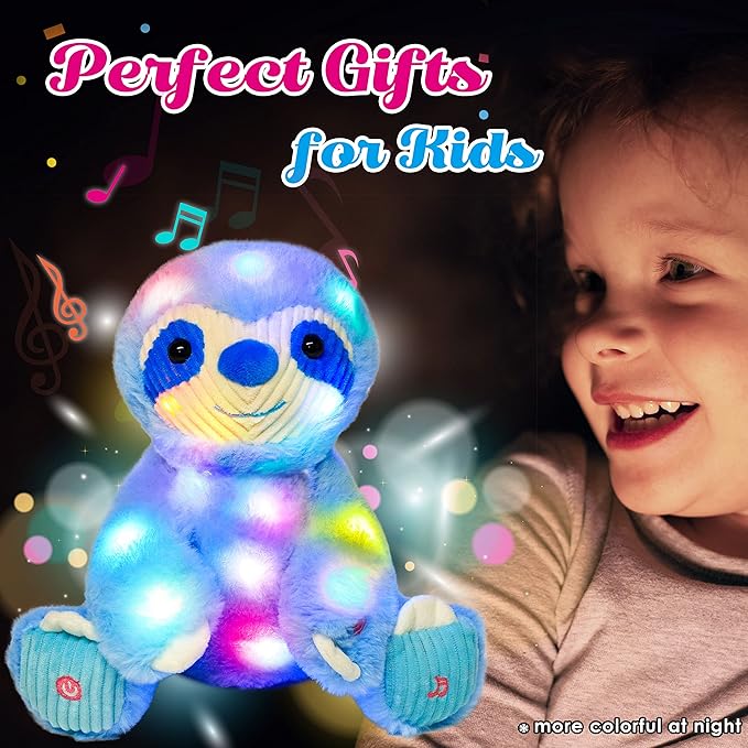 Cuteoy Light-up Singing Plush Blue Sloth LED Musical Stuffed Animal Adjustable Volume Lullaby Plushies Birthday Christmas Toy Gifts for Kids Toddler Girls, 13"