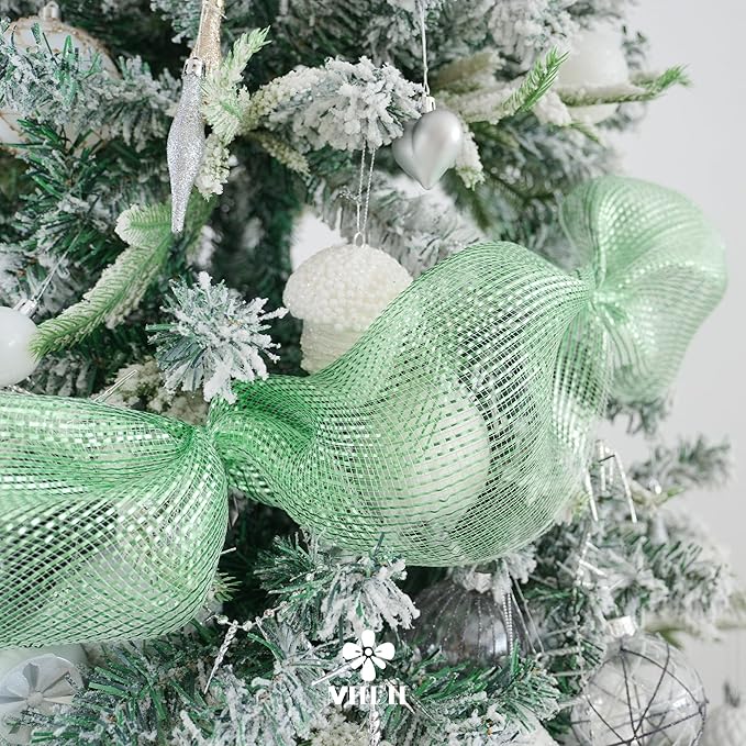 MEEDEE Sage Green Deco Mesh 10 Inch Rolls Deluxe Wide Foil Metallic Mesh Fabric Light Green Mesh Ribbon for Christmas Tree, Wreaths, Garland, Gift Wrapping, Bows Making (30 Feet)