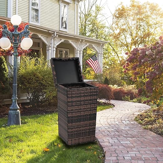 VINGLI Wicker Patio Trash Can, 27 Gallon Rattan Trash Can with Removable Lid, Outdoor Wicker Waste Basket, Wast Container (Brown)