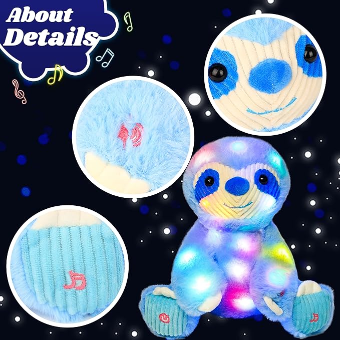 Cuteoy Light-up Singing Plush Blue Sloth LED Musical Stuffed Animal Adjustable Volume Lullaby Plushies Birthday Christmas Toy Gifts for Kids Toddler Girls, 13"