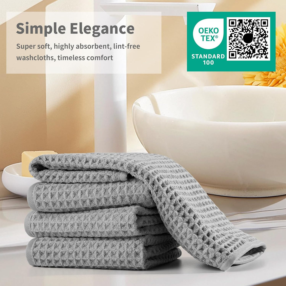 Microfiber Waffle Face Towels, 2 Pieces, Soft, Absorbent, Fast Drying, Lint Free (Silver)
