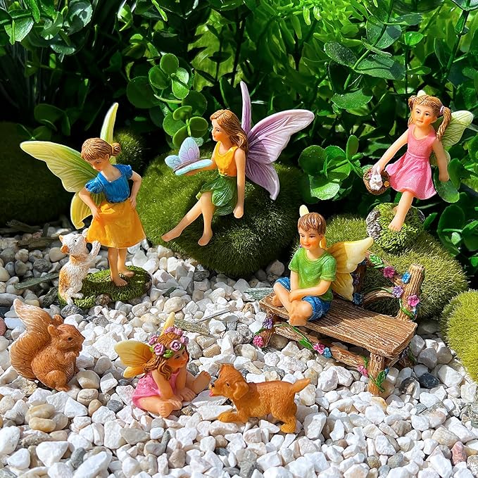 Mood Lab Fairy Garden - Miniature Fairies Figurines with Animals - Statues & Accessories Decor Set of 8 pcs