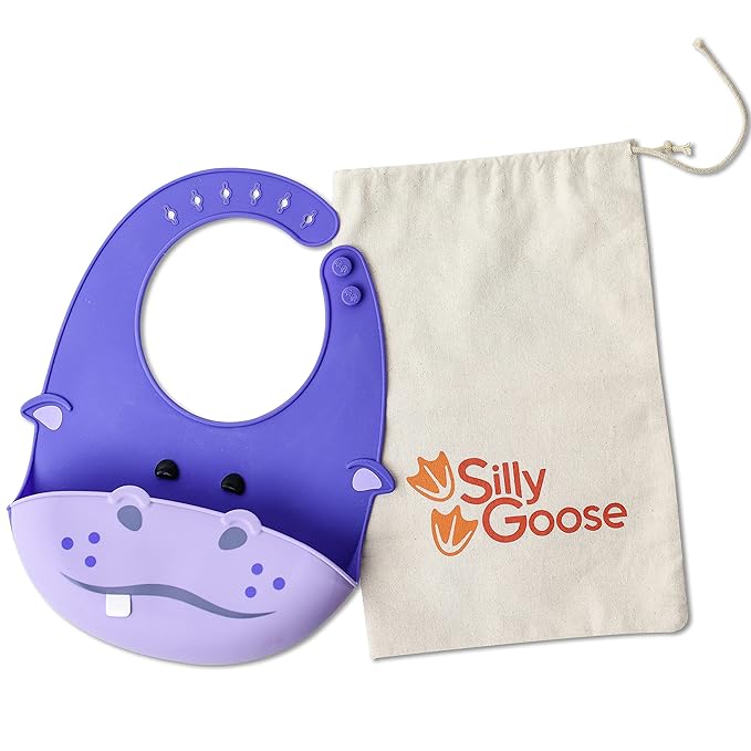Silly Goose Silicone Animal Baby Bibs for Babies and Toddlers, Waterproof, Adjustable, Soft, Extra Wide Food Catcher Pocket (Baby Hippo)