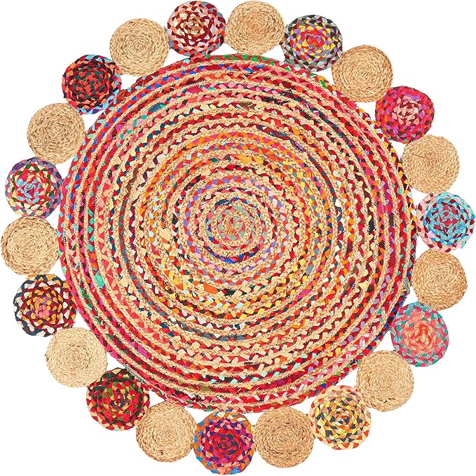 4' Round Handwoven Jute Chindi Area Rug - Colorful Boho Rugs for Living Room - Hand Braided Multicolor Bohemian Rug for Farmhouse, Bedroom, Dining Room, Classroom, Hallway, Kitchen, Office