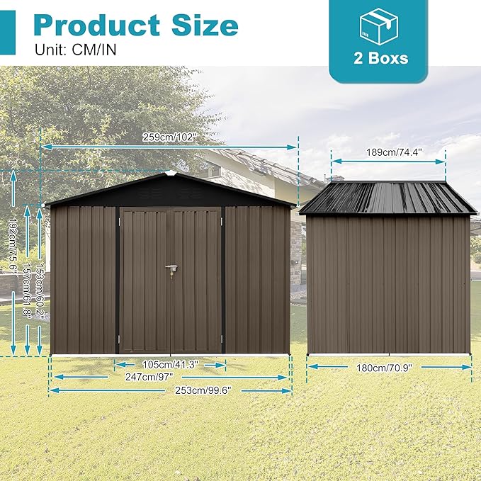 Storage Shed 8ft×6ft Classic Apex Roof Tool Shed Outdoor Storage Metal Garden Storage Sheds Tool Cabinet with Hinged Door Syste for Backyard, Patio, Poolside, Brown + Black