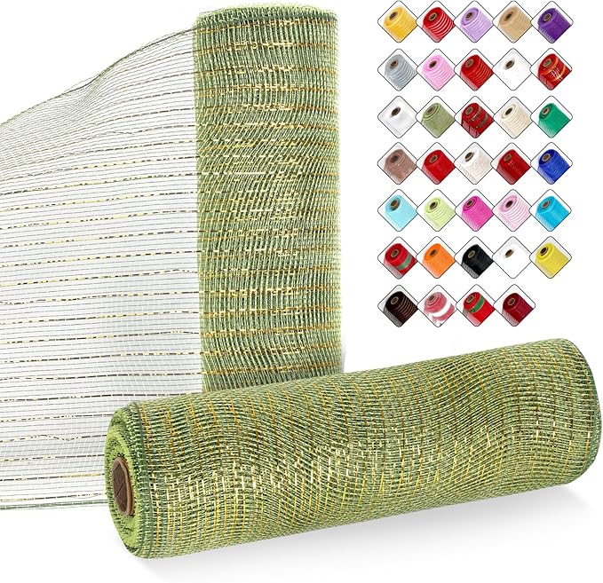 2 Rolls Mesh Ribbon for Wreaths 10 Inch x 30 Foot Wreath Mesh Rolls with Metallic Foil for Easter Christmas Party Wedding Home Decor DIY Craft Projects and Gift Wrapping (Army Green)