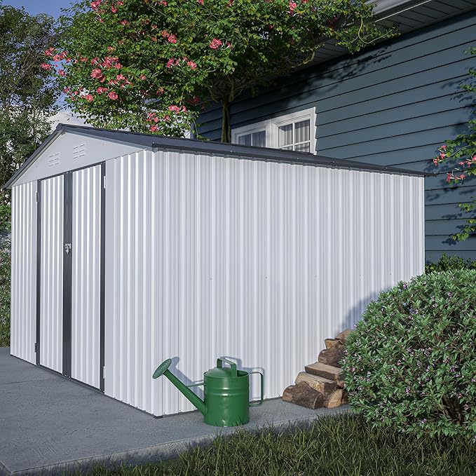 8x10 FT Outdoor Storage Shed, Metal Garden Shed with Lockable Hinged Doors, Outside Tool Shed with Sloped Roof & 4 Air Vents, Waterproof Storage Building for Backyard, Patio, Lawn, White
