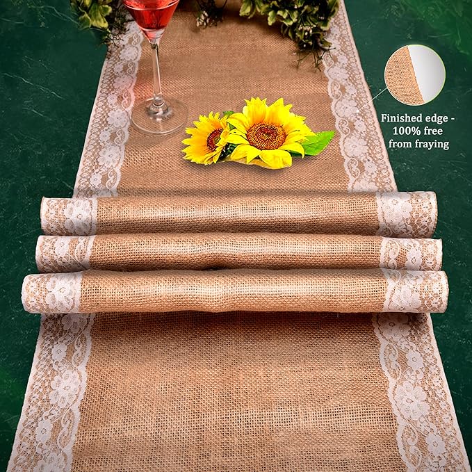 Burlap Lace Table Runner (Pack of 6) – 12”x 108” - No-Fray Finished Edge Natural Table Runner – No Odor, Eco-Friendly Burlap Runner - Perfect for Christmas, Wedding, Thanksgiving