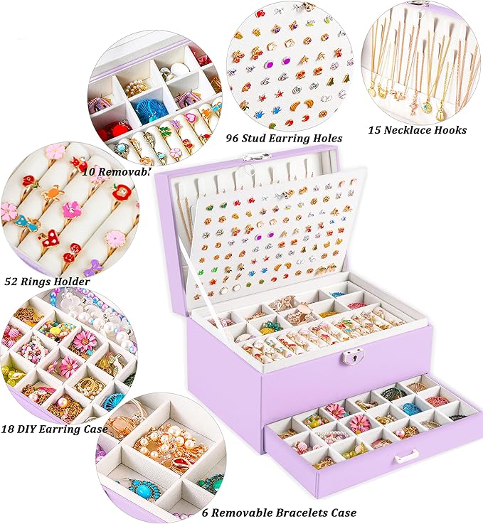 Earrings Jewelry Box for Girls, 5 Layers Jewelry Organizer with Earring Holder Organizer for Girls Earring Organizer Jewelry Boxes for Women Earrings and Necklaces Jewelry Box Organizer Violet