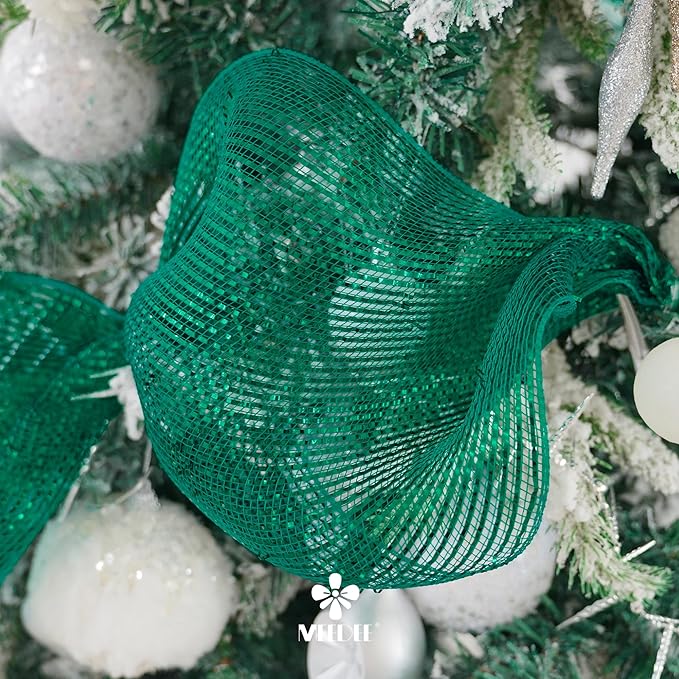 MEEDEE Forest Green Deco Mesh 10 Inch Deluxe Wide Foil Metallic Mesh Fabric Dark Green Mesh Ribbon for Christmas Tree, Wreaths, Garland, Gift Wrapping, Bows Making (30 Feet)
