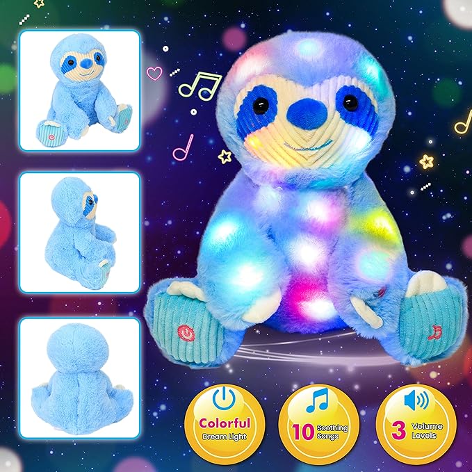 Cuteoy Light-up Singing Plush Blue Sloth LED Musical Stuffed Animal Adjustable Volume Lullaby Plushies Birthday Christmas Toy Gifts for Kids Toddler Girls, 13"