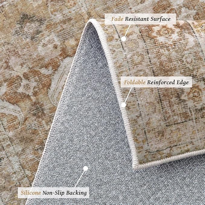 Washable 5x7 Area Rugs for Living Room, Boho Non-Slip Silicone Backing Rugs for Bedroom Dining Room Nursery Office, 0.3" Neutral Oriental Throw Carpet with 0.16" Cushioning Pad, Brown/Multi