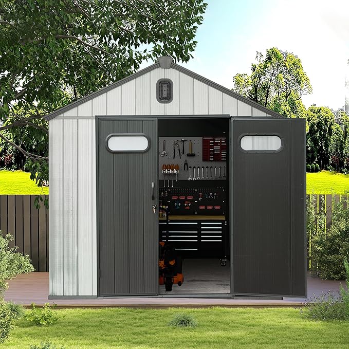 Domi 8x6 FT Outdoor Resin Storage Shed, All-Weather Double-Wall Storage Building for Backyard, Garden, Lawn Tools, Mower, Bike & Pool Equipment, Lockable Doors, Ventilated Roof, Grey