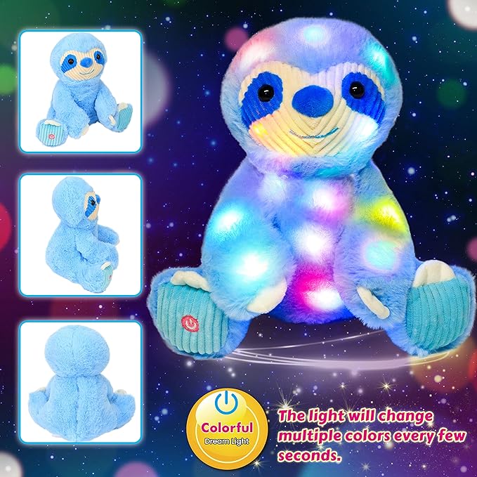 Cuteoy Light-up Plush Blue Sloth LED Stuffed Animal Birthday Christmas Plushies Toy Gifts for Kids Toddler Girls, 10.5"