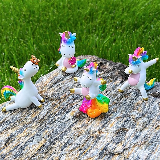 Mood Lab Miniature Unicorn Figurines Set - Funny Mini Statue Kit of 4 pcs - Unicorn Fairy Garden Accessories