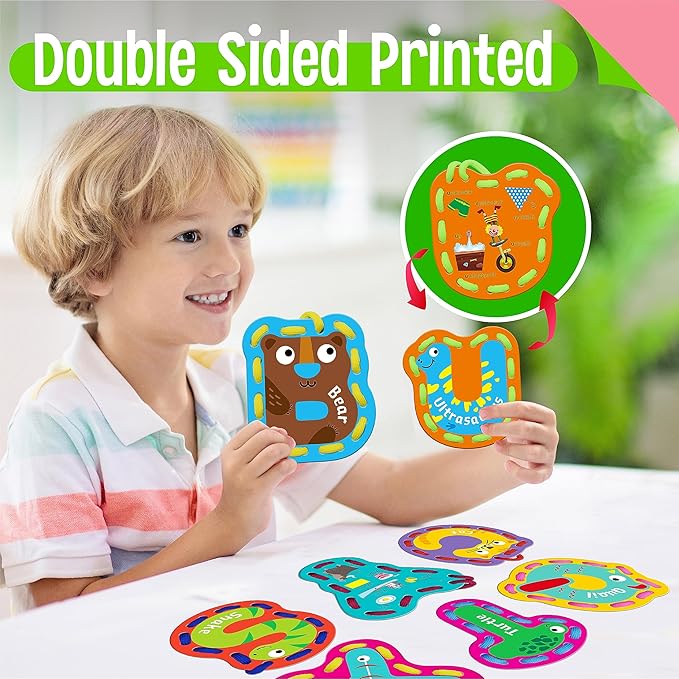 26PCS Kids Lacing Cards, 26 Double Sided Uppercase Sewing Cards with 26 Colorful Laces, Imagination Development Lacing Toys Games for Children Educational and Learning Activity