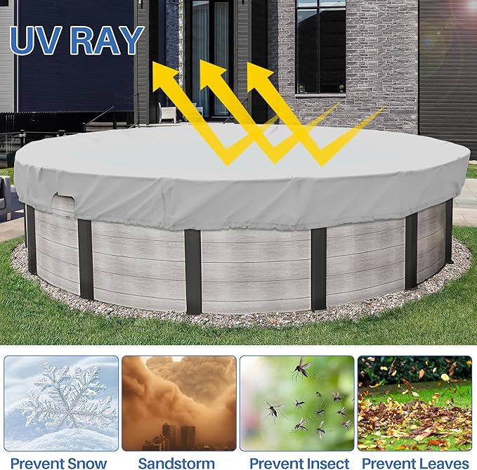 ECOOPTS 10 ft Waterproof Round Polyester Pool Cover for Above Ground Pools, Swimming Pool Cover Protector Winter Safety Cover (Light Grey)