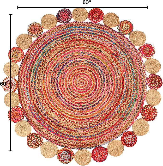 5' Round Handwoven Jute Chindi Area Rug - Colorful Boho Rugs for Living Room - Hand Braided Multicolor Bohemian Rug for Farmhouse, Bedroom, Dining Room, Classroom, Hallway, Kitchen, Office