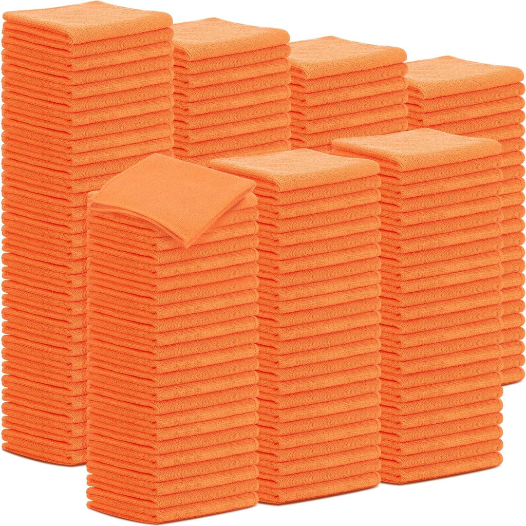 Tenare 100 Pack 12'' x 12'' Microfiber Cleaning Cloths Reusable Cleaning Rags Bulk Microfiber Towels Softer Highly Absorbent Washcloths for House Kitchen Car Window(Orange)