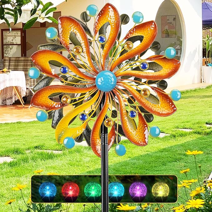 Wind Spinners for Yard and Garden - Wind Sculptures & Spinners 75 in Garden Kinetic Art with Solar Powered Multi-Color Glass Ball Light - Gradient Brown