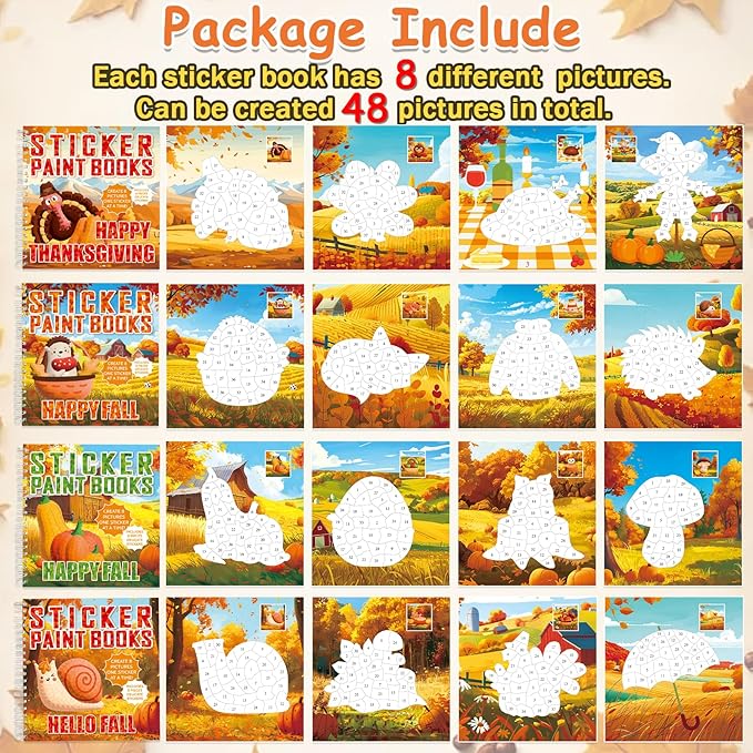 4PCS Thanksgiving Paint by Sticker Books Crafts for Kids Ages 4-8 Fall Sticker by Number Books Activity Book for Kids Age 3-5 Puzzle Book Craft Art Toddler Gift with Turkey Pumpkin 32 Pictures