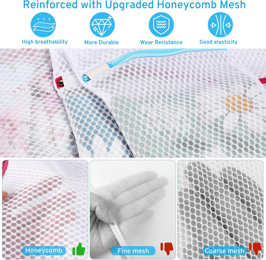 2nd Gen Honeycomb Mesh Laundry Bags for Delicates, Lingerie Bags for Washing Delicates, Travel Storage Organize Bag, Clothing Washing Bags for Blouse, Bra, Hosiery, Underwear and More(3 Pcs, 1L,1M,1S)