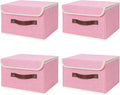 ANMINY 4PCS Storage Bins with Lid PU Leather Handles Storage Boxes PP Plastic Board Decorative Foldable Lidded Cotton Linen Fabric Home Cubes Baskets Closet Organizer Containers - Pink, Small Size