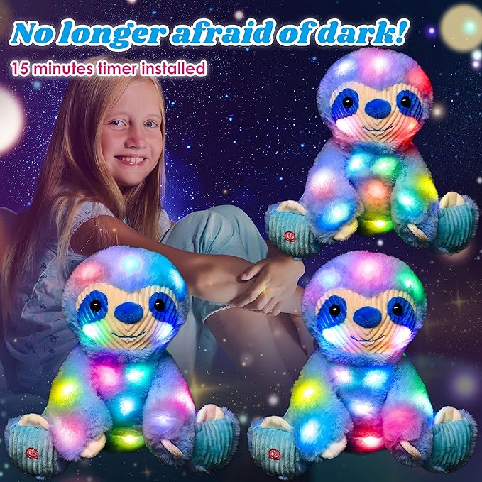 Cuteoy Light-up Plush Blue Sloth LED Stuffed Animal Birthday Christmas Plushies Toy Gifts for Kids Toddler Girls, 10.5"
