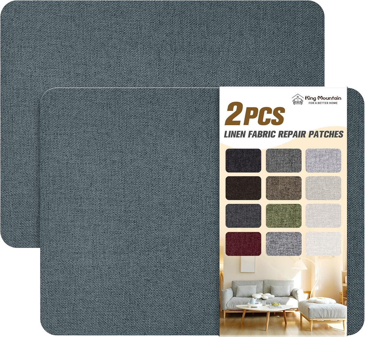 KING MOUNTAIN Coarse Linen Repair Patches, Self-Adhesive Linen Fabric Patches, 8X11 inch 2 PCS, Multi Color, Can be Used for Linen Sofa Repair and Linen Clothes Repair(8" x 11"-2PCS,Blue Dark Grey)