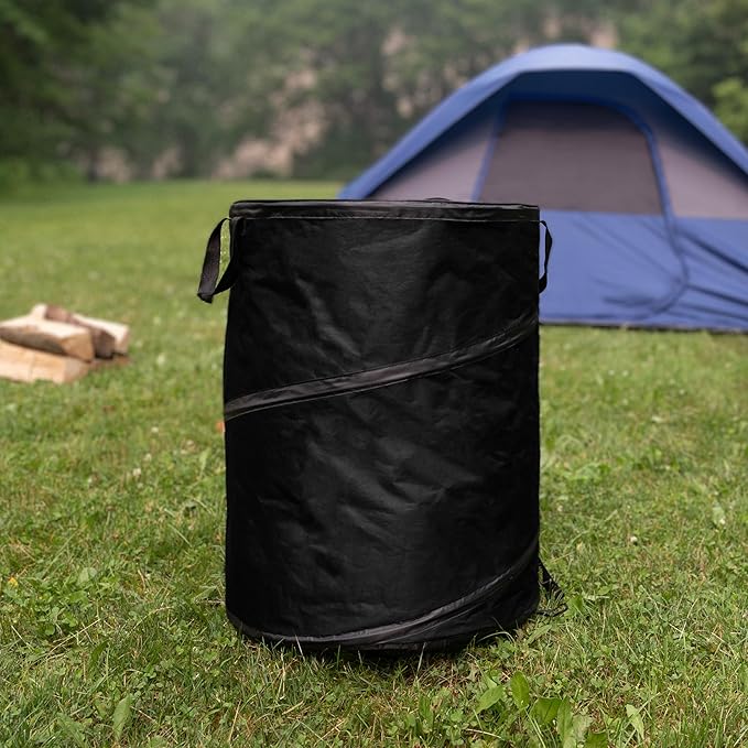 Wakeman Collapsible Trash Can - 46-Gallon Garbage Can Outdoor Bin with 3 Stakes for RV, Camping, Storage, Recycling, or Yard Waste Outdoors (Black)
