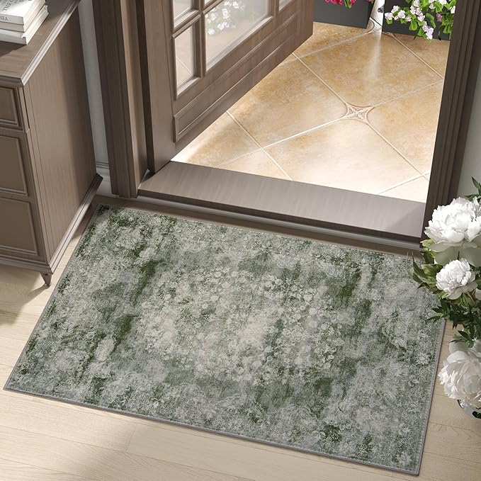 jinchan Green Floral 2x3 Rugs for Entryway - Vintage Washable Area Rug Ultra-Thin Low-Pile Soft Small Non-Slip Distressed Doormat for Entrance Kitchen Bedroom Bathroom (2x3ft,Forest Green)