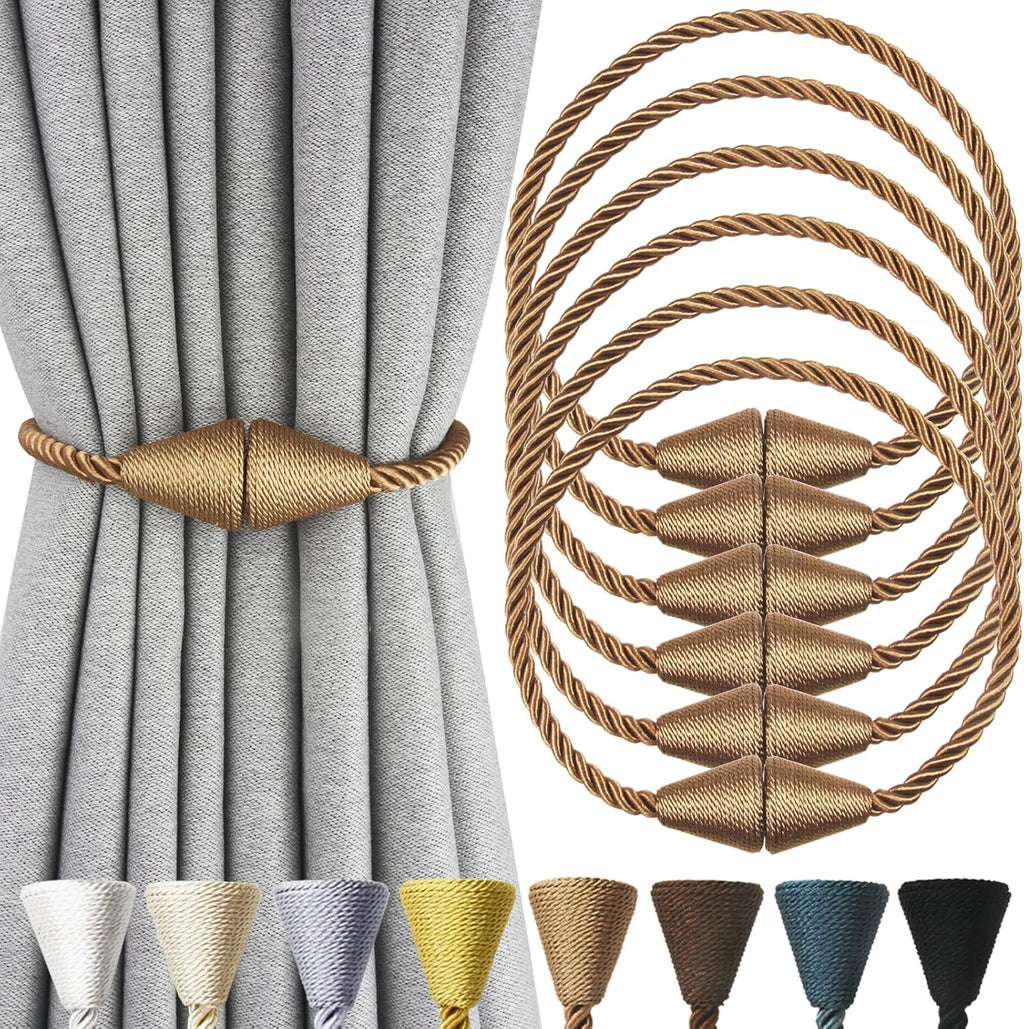 6 Pack Magnetic Curtain Tiebacks Rope Modern Handmade Curtain Tie Backs Decorative Drapes Weave Holdbacks for Window Décor, Khaki