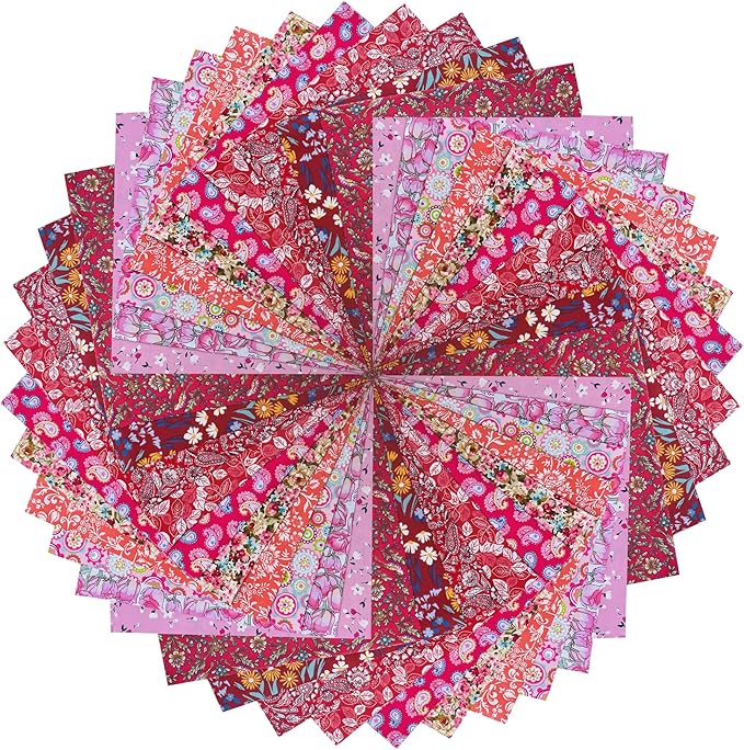 HANPATQUI 50PCS 10 x 10 inch Red Printed 100% Cotton Fat Quarters Fabric for Sewing and Quilting Bundles Precut Fabric Square for DIY Craft Patchwork