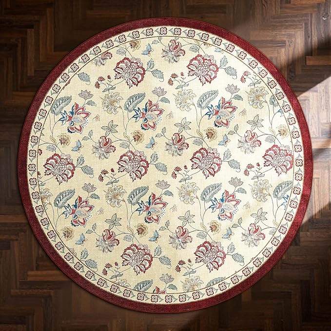 jinchan 5ft Floral Round Rug for Entryway Washable Kitchen Rug Vintage Romance Design Non Slip Indoor Doormat Lightweight Low-Profile Throw Carpet for Living Room Dining Room Bedroom, Red/Beige
