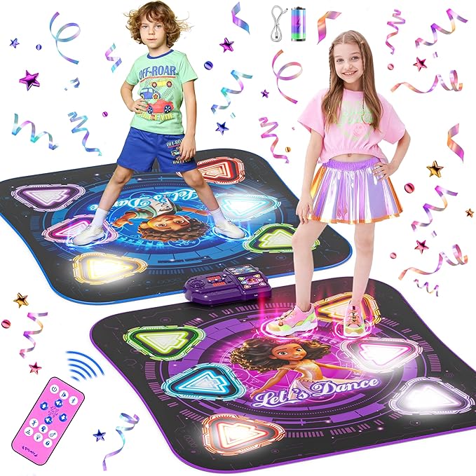Dance Mat, 2025 Rechargeable Light-Up 2-Player Opposing Dance Pad with Bluetooth, 12-Button Music Dancing Toy, Christmas Birthday Gift for 3-12 Year Old Boys Girls