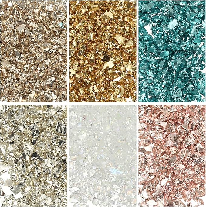 uxcell 6 Colors Crushed Glass Chips, 1-3mm Irregular Glitter Metallic Glass Broken Glasses Pieces with Laser Bag for Craft DIY Vase Epoxy Halloween Decoration 33g, Gold Color Series
