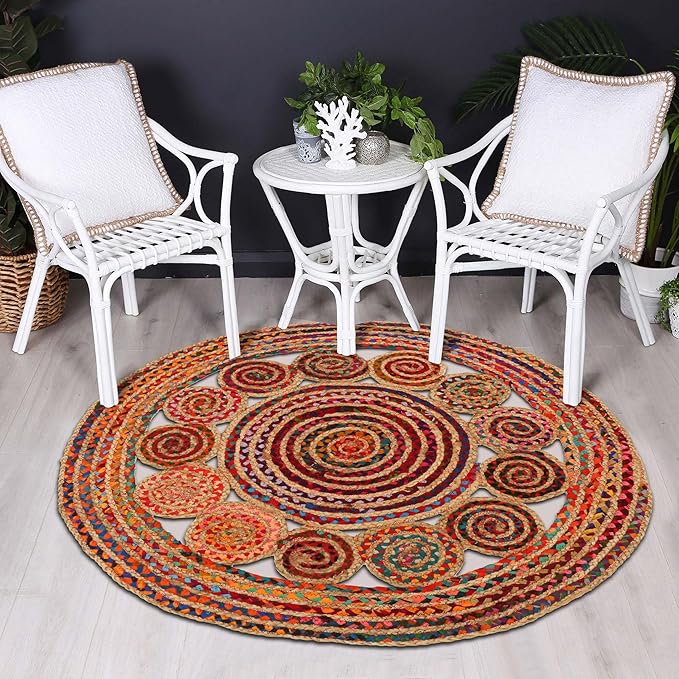 4' Round Handwoven Jute Chindi Area Rug - Colorful Boho Rugs for Living Room - Hand Braided Multicolor Bohemian Rug for Farmhouse, Bedroom, Dining Room, Classroom, Hallway, Kitchen, Office