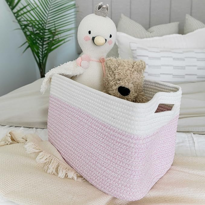 OrganiHaus Pink Basket for Books, Toy Organizers and Storage for Girls, Towel Baskets for Bathroom, Woven Baskets for Storage, Decorative Rope Storage Baskets, Cotton Rope Basket for Storage